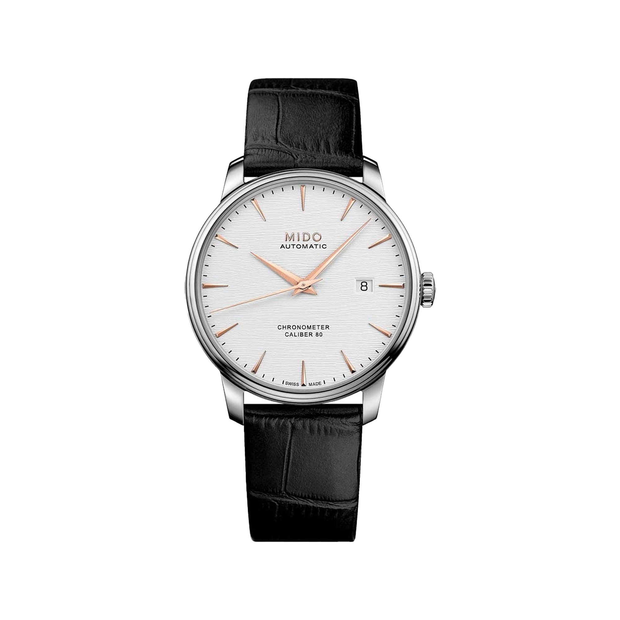 Mido Baroncelli Caliber 80 Chronometer Silicon Gent Stainless Steel Black Leather Strap