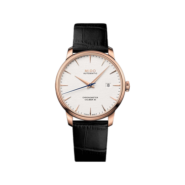 Mido Baroncelli Chronometer Silicon Gent - Stainless Steel with Rose Gold PVD - Black Leather Strap