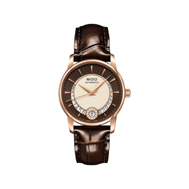 Mido Baroncelli Diamonds - Stainless Steel with Rose Gold PVD Coating - Brown Leather Strap