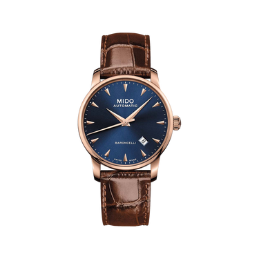 Mido Baroncelli Midnight Blue Gent - Stainless Steel with Rose Gold PVD - Brown Leather Strap