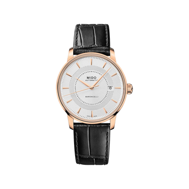 Mido Baroncelli Signature - Stainless Steel with Rose Gold PVD - Black Leather Strap