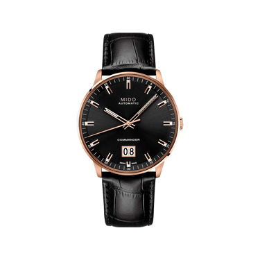 Mido Commander Big Date - Stainless Steel with Rose Gold PVD - Black Leather Strap