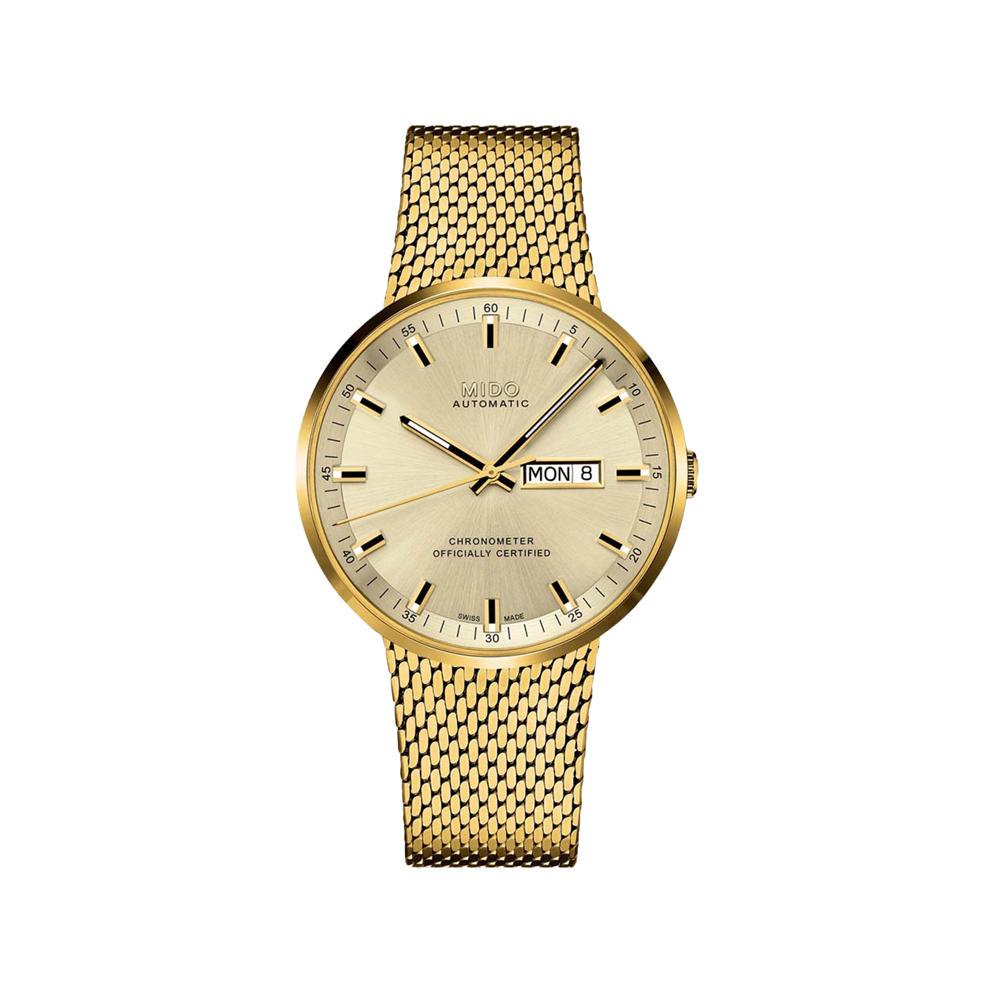 Mido Commander Icone Stainless Steel with Yellow Gold PVD Milanese Time Tide Watches