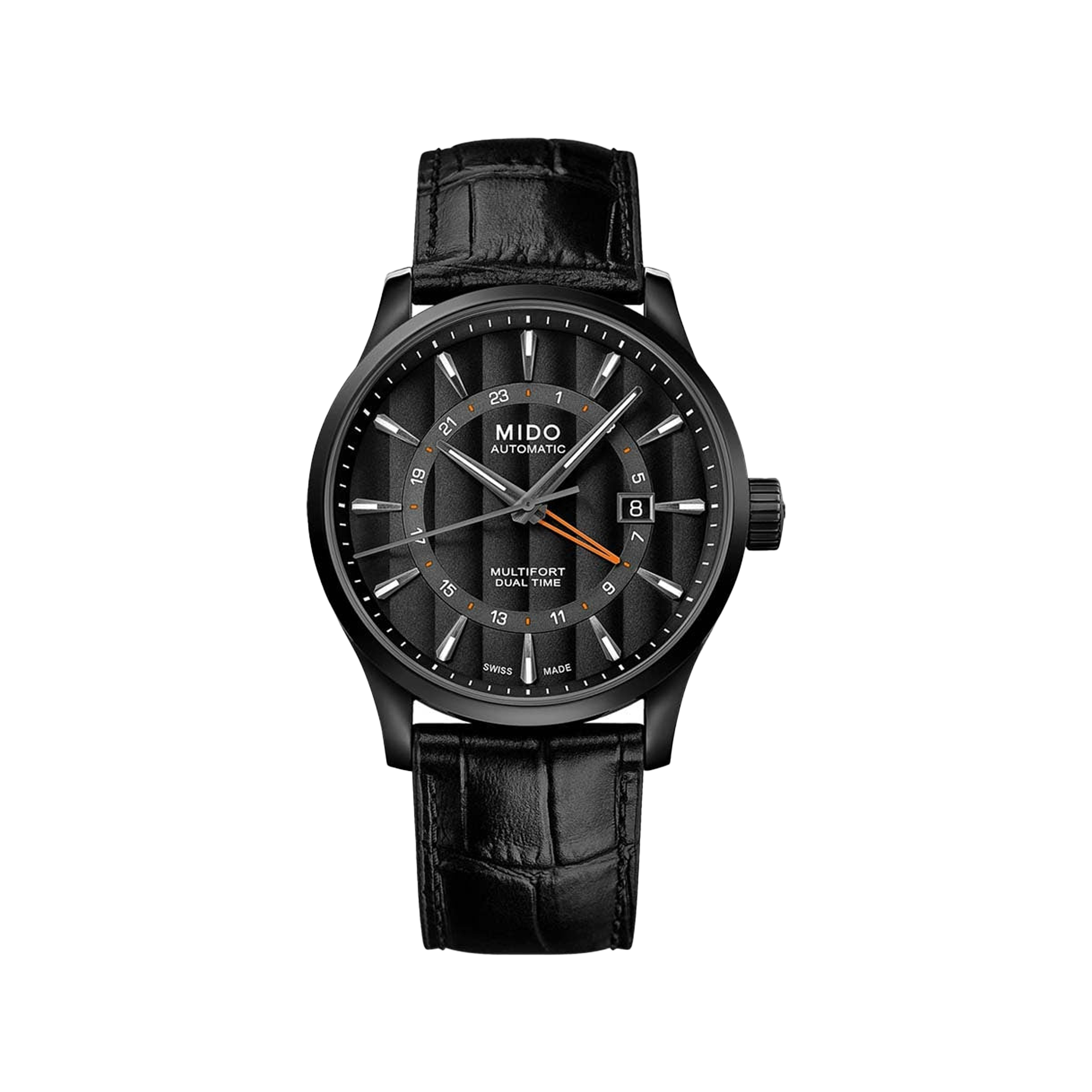 Mido Multifort Dual Time Stainless Steel with Black PVD Black Leat Time Tide Watches