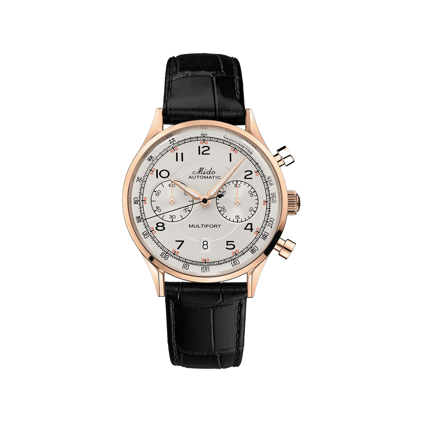 Mido Multifort Patrimony Chronograph - Stainless Steel with Rose Gold PVD - Black Leather Strap