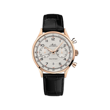 Mido Multifort Patrimony Chronograph - Stainless Steel with Rose Gold PVD - Black Leather Strap