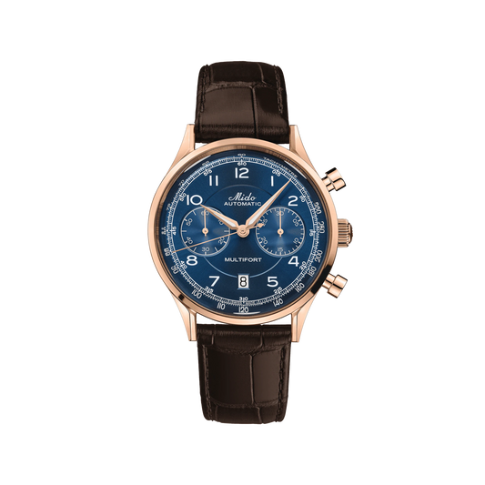 Mido Multifort Patrimony Chronograph - Stainless Steel with Rose Gold PVD - Brown Leather Strap