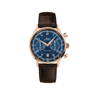 Mido Multifort Patrimony Chronograph - Stainless Steel with Rose Gold PVD - Brown Leather Strap