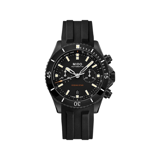 Mido Ocean Star Chronograph - Black DLC Coating with Ceramic Bezel - Interchangeable Black Rubber and Black Fabric Strap