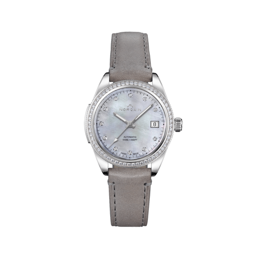 NORQAIN Adventure Sport Mother of Pearl with Diamond Bezel 37mm - Grey Rubber Strap