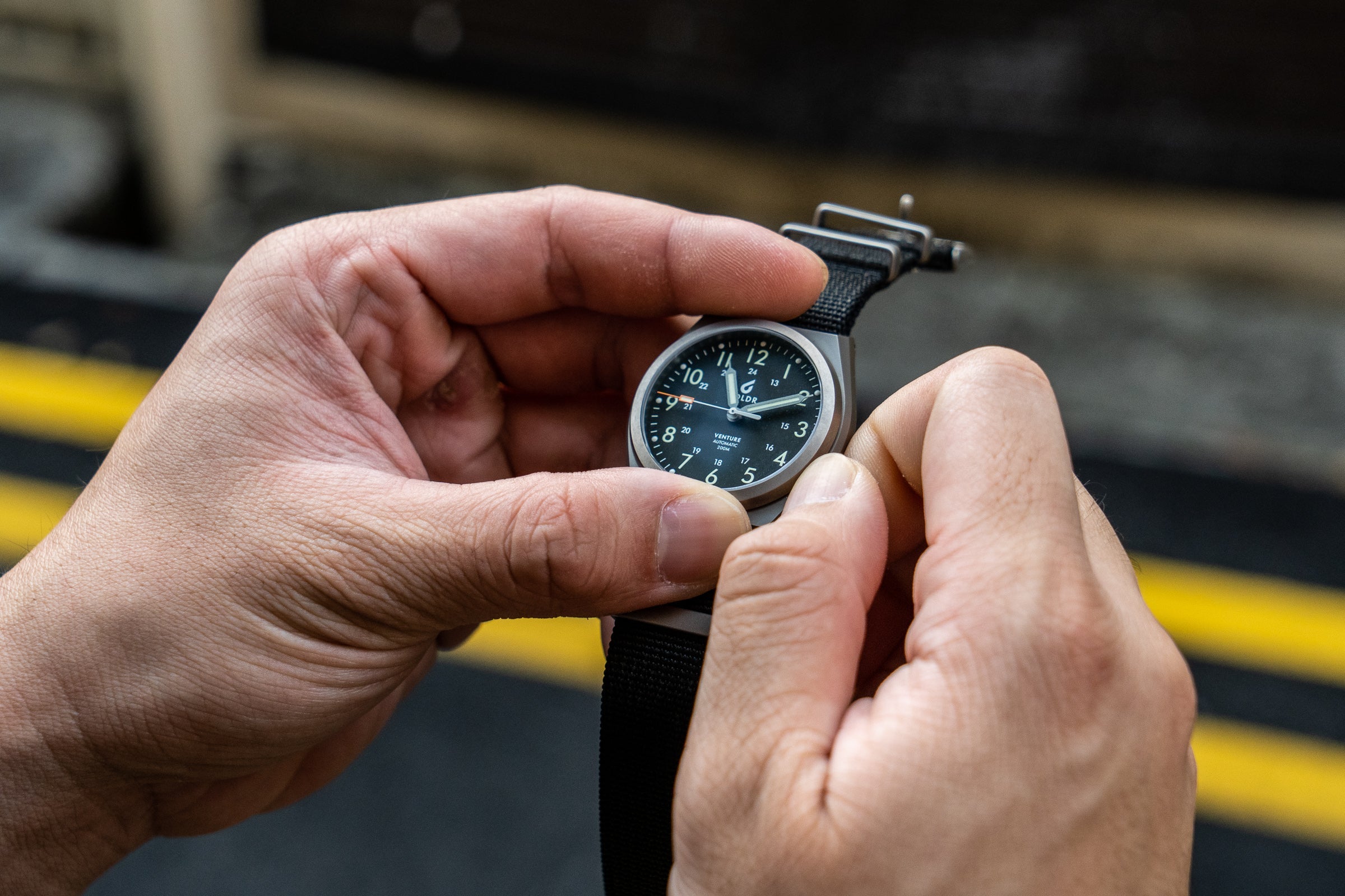 BOLDR Venture Carbon Black titanium field watch