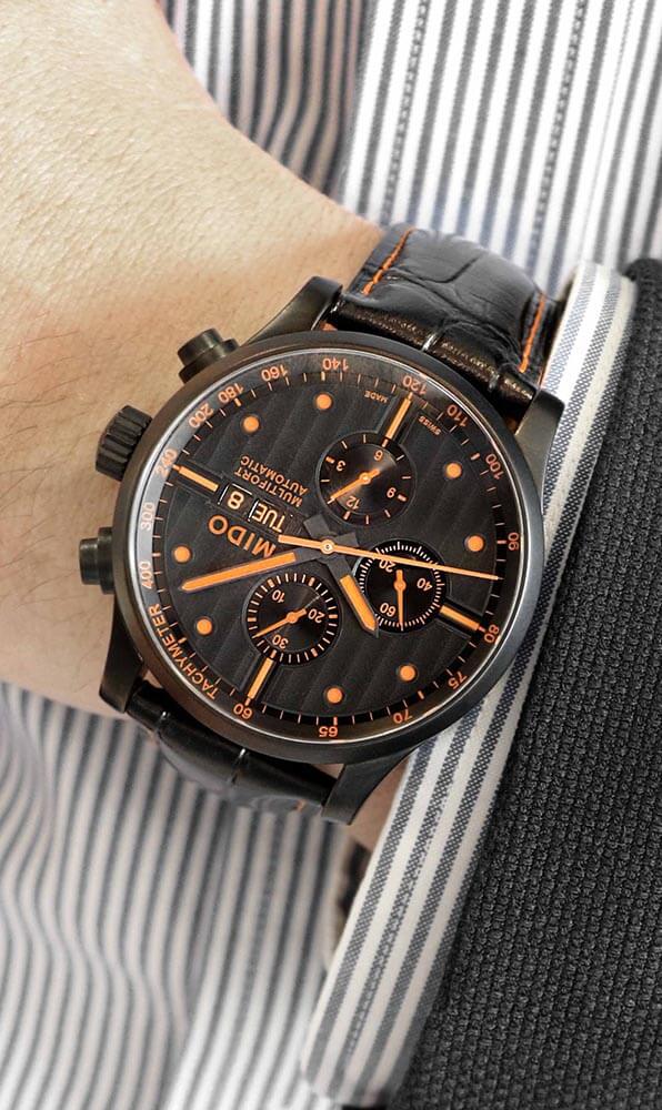 Mido Multifort Chronograph Special Edition - Stainless Steel with Black PVD - Interchangeable Black & Orange Leather Strap