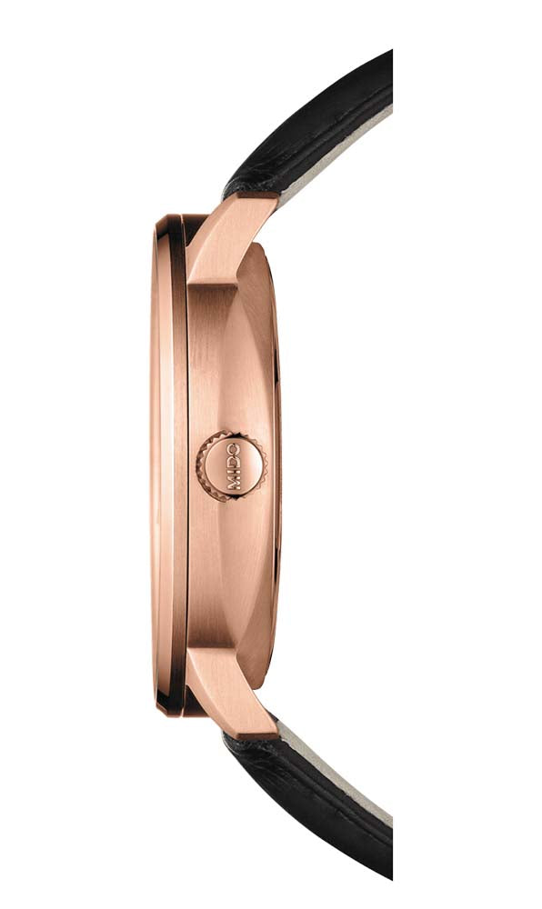 Mido Commander Big Date - Stainless Steel with Rose Gold PVD - Black Leather Strap