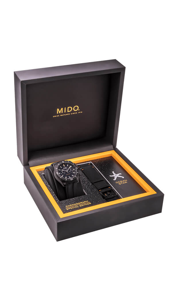 Mido Ocean Star Chronograph - Black DLC Coating with Ceramic Bezel - Interchangeable Black Rubber and Black Fabric Strap