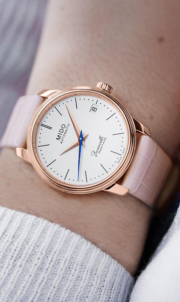 Mido Baroncelli Heritage Lady - Stainless Steel with Rose Gold PVD - Pink Leather Strap