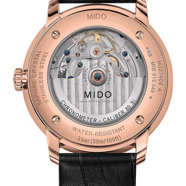 Mido Baroncelli Chronometer Silicon Gent - Stainless Steel with Rose Gold PVD - Black Leather Strap