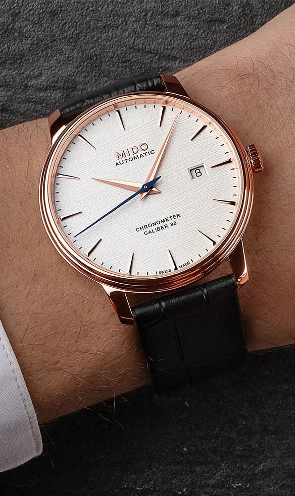 Mido Baroncelli Chronometer Silicon Gent - Stainless Steel with Rose Gold PVD - Black Leather Strap