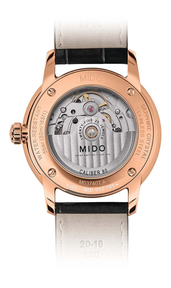 Mido Baroncelli Signature - Stainless Steel with Rose Gold PVD - Black Leather Strap