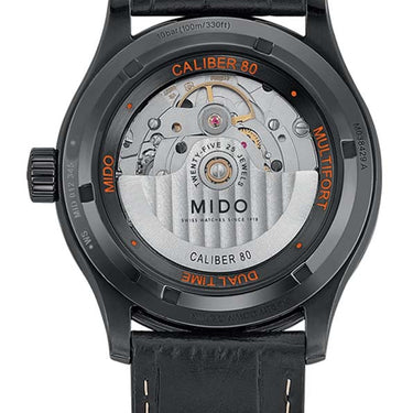 Mido Multifort Dual Time - Stainless Steel with Black PVD - Black Leather Strap