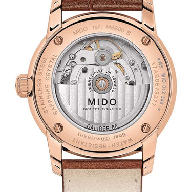 Mido Baroncelli Midnight Blue Gent - Stainless Steel with Rose Gold PVD - Brown Leather Strap