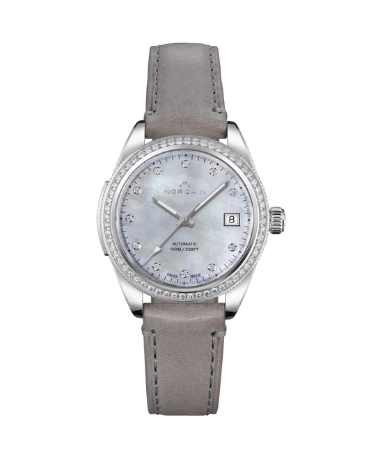 NORQAIN Adventure Sport Mother of Pearl with Diamond Bezel 37mm - Grey Rubber Strap