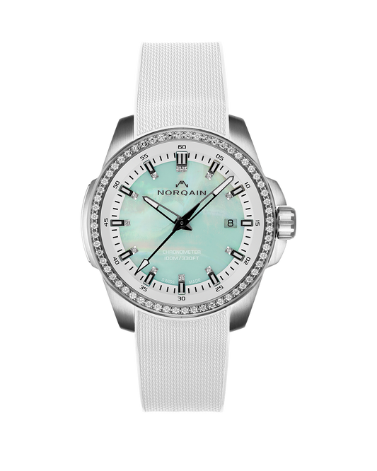 Pre-Order: NORQAIN Independence Mother of Pearl Diamonds 40mm - White Rubber Strap