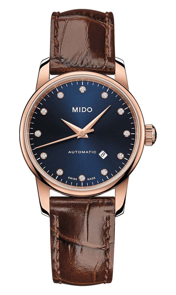 Mido Baroncelli Midnight Blue Lady - Stainless Steel with Rose Gold PVD  - Brown Leather Strap