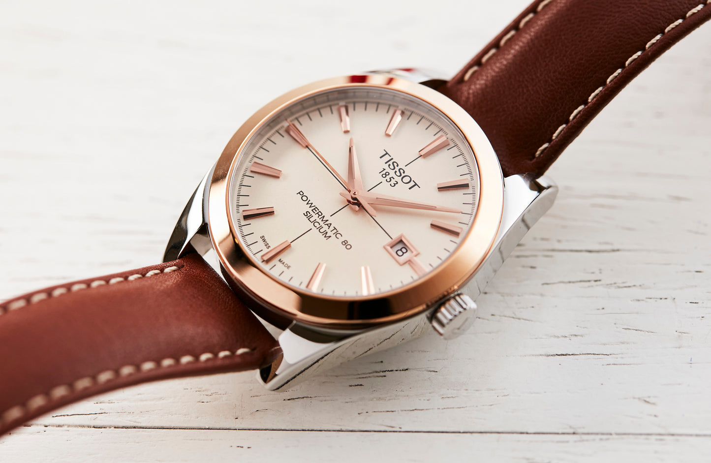 Tissot Gentleman Powermatic 80 Silicium Solid 18K Gold Bezel with Brown Creme Leather Strap
