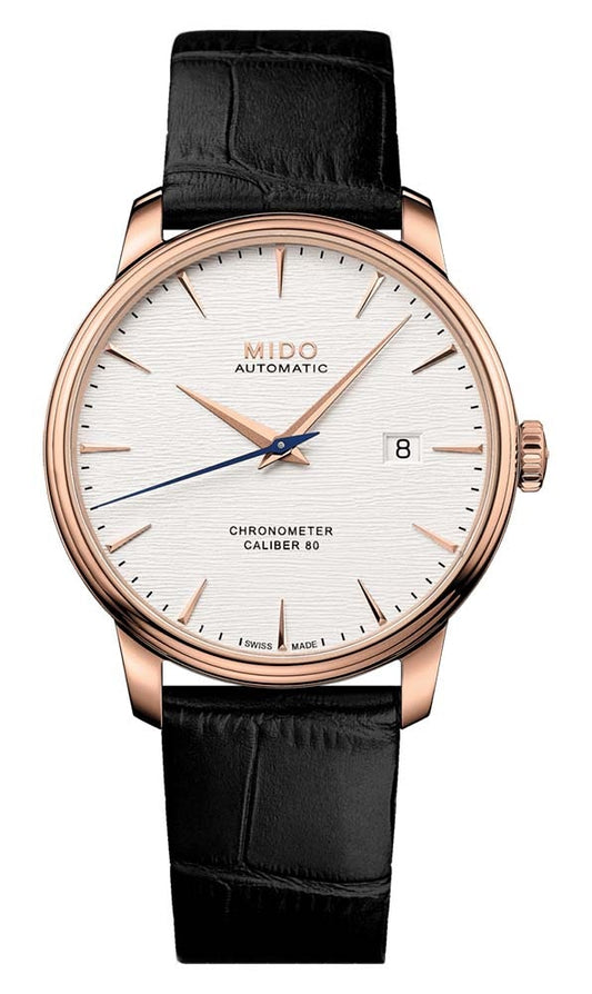 Mido Baroncelli Chronometer Silicon Gent - Stainless Steel with Rose Gold PVD - Black Leather Strap
